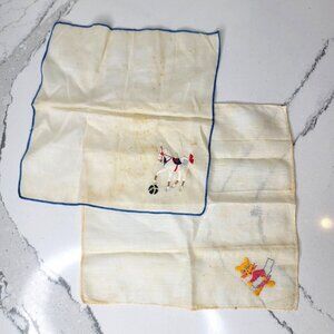 Vintage Handkerchiefs 2 With Embroidered Horse & Cat Blue And Yellow Trim Cotton
